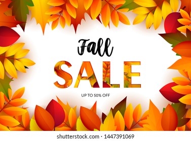 Fall sale retail banner design with maple leaves. Text in frame and autumn foliage isolated on white. Vector illustration can be used for flyers, posters, promo, discount coupons