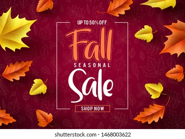 Fall sale seasonal vector banner. Fall season sale text typography with colorful maple leaves in red autumn pattern background. Vector illustration.
