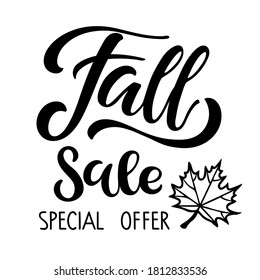 Fall Sale Special Offer. Autumn Sale lettering with falling leaf. Vector calligraphy. For fall season shopping. Typography sing. For card and poster, sale billboard and sign, banner and badge