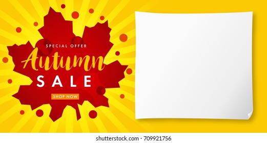 Fall sale template with lettering Special Offer, Autumn sale, shop now on red maple leaf and yellow radial stripes vector card. Autumn sale red maple leaf and paper banner