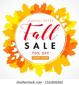 Fall sale with text 70% off special offer in frame from bright yellow maple leaves. Autumn sale background, shop now for promotion banner or flyer design. Vector illustration