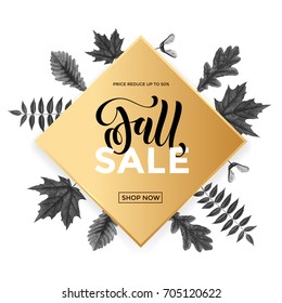 Afiche de texto de la venta de otoño para la promoción de compras de septiembre o fondo de descuento de la tienda otoño. Vector de oro otoñal, foliaje de hojas de bellota de arce y roble, champiñón y berry para el diseño descuento de la venta de banner web