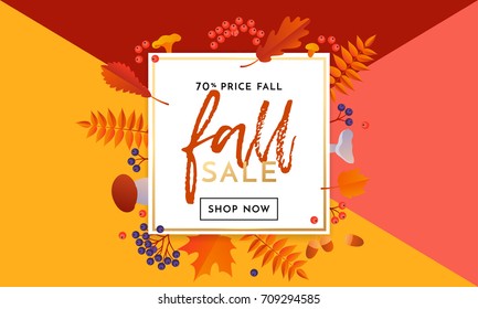 Fall sale text poster for September shopping promo or autumnal shop discount background. Vector autumn maple and oak acorn leaf foliage, mushroom and berry for discount design of sale web banner