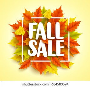 Fall sale text vector banner with colorful 3D realistic autumn maple leaves in yellow orange background for seasonal marketing promotion. Vector illustration.
