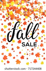 Fall sale. Vertical lettering banner design. Seasonal discount autumn leaf poster with textured hand drawn typography and leaves on white background. Colorful vector illustration. EPS10