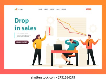 Fall in sales, the team of specialists in a panic. Flat 2D character. Landing page concepts and web design.