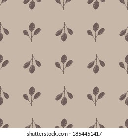 Fall scandi leaves seamless botanic pattern. Autumn brown foliage ornament on pastel background. Stock illustration. Vector design for textile, fabric, giftwrap, wallpapers.