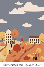 clipart de la escena de otoño, afiche de otoño con gente en el parque de la ciudad, tarjeta imprimible de la temporada de otoño, imagen mural de los vibes de otoño, imagen plana de la ilustración del vector clipart, descarga digital, personaje de dibujos animados.