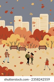 fall scene clipart, autumn poster with people at city park, fall season printable card, autumn vibes wall art print, Flat style vector illustration clipart, digital download, cartoon character.