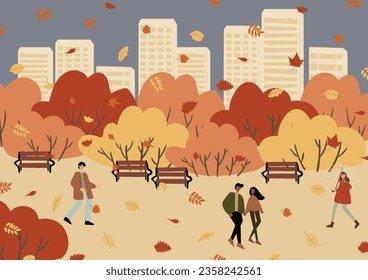 clipart de la escena de otoño, afiche de otoño con gente en el parque de la ciudad, tarjeta imprimible de la temporada de otoño, imagen mural de los vibes de otoño, imagen plana de la ilustración del vector clipart, descarga digital, personaje de dibujos animados.