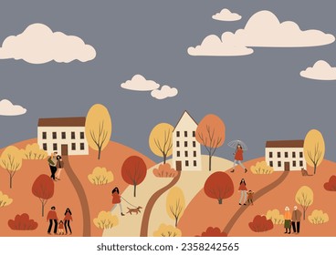 fall scene clipart, autumn poster with people at city park, fall season printable card, autumn vibes wall art print, Flat style vector illustration clipart, digital download, cartoon character.