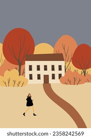 fall scene clipart, autumn poster with people at city park, fall season printable card, autumn vibes wall art print, Flat style vector illustration clipart, digital download, cartoon character.
