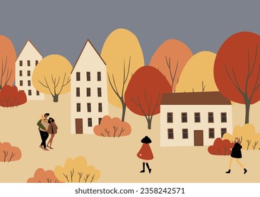 fall scene clipart, autumn poster with people at city park, fall season printable card, autumn vibes wall art print, Flat style vector illustration clipart, digital download, cartoon character.