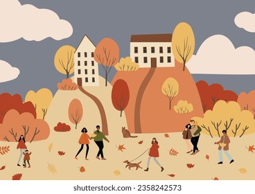 fall scene clipart, autumn poster with people at city park, fall season printable card, autumn vibes wall art print, Flat style vector illustration clipart, digital download, cartoon character.