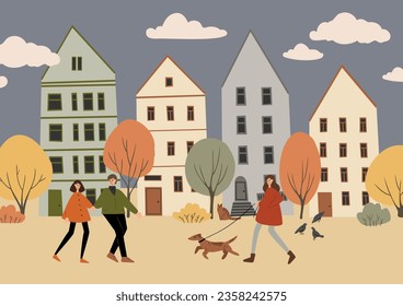 clipart de la escena de otoño, afiche de otoño con gente en el parque de la ciudad, tarjeta imprimible de la temporada de otoño, imagen mural de los vibes de otoño, imagen plana de la ilustración del vector clipart, descarga digital, personaje de dibujos animados.