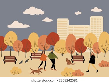fall scene clipart, autumn poster with people at city park, fall season printable card, autumn vibes wall art print, Flat style vector illustration clipart, digital download, cartoon character.