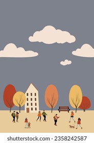 fall scene clipart, autumn poster with people at city park, fall season printable card, autumn vibes wall art print, Flat style vector illustration clipart, digital download, cartoon character.