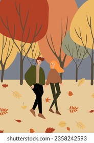 fall scene clipart, autumn poster with people at city park, fall season printable card, autumn vibes wall art print, Flat style vector illustration clipart, digital download, cartoon character.