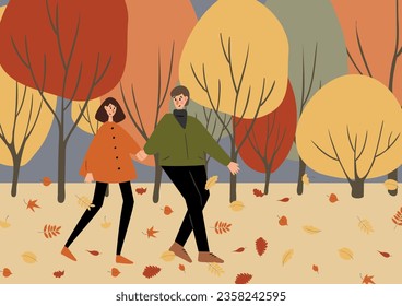fall scene clipart, autumn poster with people at city park, fall season printable card, autumn vibes wall art print, Flat style vector illustration clipart, digital download, cartoon character.