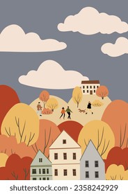 fall scene clipart, autumn poster with people at city park, fall season printable card, autumn vibes wall art print, Flat style vector illustration clipart, digital download, cartoon character.