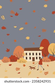 fall scene clipart, autumn poster with people at city park, fall season printable card, autumn vibes wall art print, Flat style vector illustration clipart, digital download, cartoon character.
