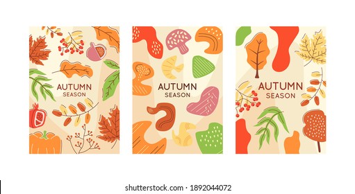 Abstrakte Herbstplakate-Set. Getrocknete Blätter. Gewerbliches Flyer-Design mit flacher Illustration. Vektor Cartoon-Promo-Karte mit organischen Formen. Werbepaket für die Herbsternte