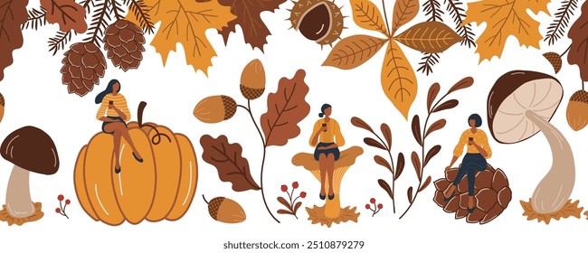 Fall Seamless Border. Autumn Coffee Time. Young Women Sitting on Fall Elements, Drinking Coffee. Autumn Leaves, Acorns, Mushrooms, Cones, Berries, Chestnut, Pumpkin, Plants. Vector Illustration