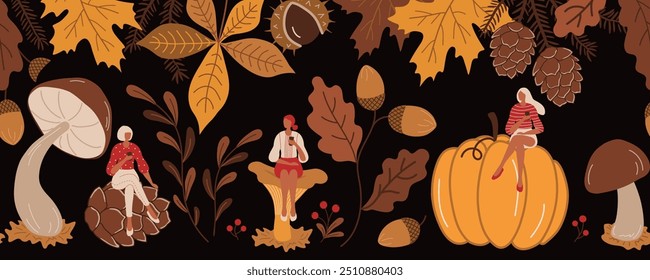 Fall Seamless Border. Autumn Coffee Time. Young Women Sitting on Fall Elements, Drinking Coffee. Autumn Leaves, Acorns, Mushrooms, Cones, Berries, Chestnut, Pumpkin. Vector Illustration on Black