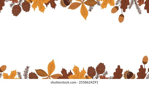 Fall Seamless Border. Frame. Autumn Banner. Autumn Leaves, Acorns, Chestnut, Maple, Oak, Chestnut Leaves. Vector Illustration in Yellow, Brown on White Background