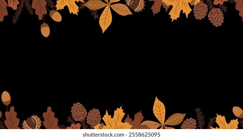 Fall Seamless Border. Frame. Autumn Banner. Autumn Leaves, Acorns, Chestnut, Maple, Oak, Chestnut Leaves. Vector Illustration in Yellow, Brown on Black Background