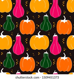 fall seamless colorful vector pattern illustration with hand drawn flat pumpkin and berries autumn texture on black background for thanksgiving, harvest and halloween
