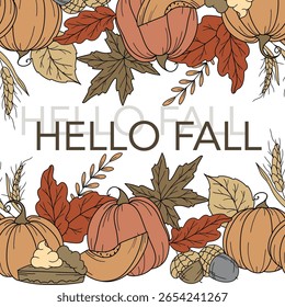 Fall Seamless Design. Hello Fall Poster. Horizontal  Fall Background. Autumn Line Art Drawing. Fall Botanical garland seamless. Border Frame