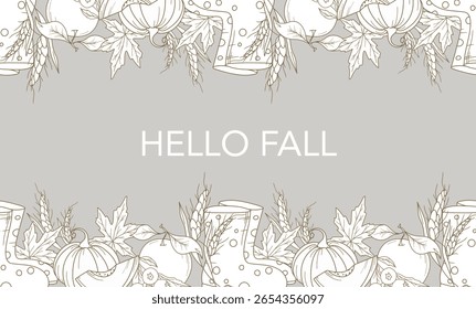 Fall Seamless Design. Hello Fall Poster. Horizontal  Fall Background. Autumn Line Art Drawing. Fall Botanical garland seamless. Border Frame