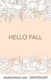 Herbst nahtloses Design. Hallo Herbstplakat. Horizontaler Herbst-Hintergrund. Herbstlinien-Kunstzeichnung. Herbst Botanische Girlande nahtlos. Rahmenrahmen