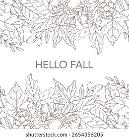 Fall Seamless Design. Hello Fall Poster. Horizontal  Fall Background. Autumn Line Art Drawing. Fall Botanical garland seamless. Border Frame