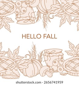 Fall Seamless Design. Hello Fall Poster. Horizontal  Fall Background. Autumn Line Art Drawing. Fall Botanical garland seamless. Border Frame