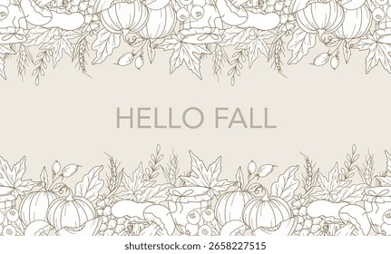Fall Seamless Design. Hello Fall Poster. Horizontal  Fall Background. Autumn Line Art Drawing. Fall Botanical garland seamless. Border Frame