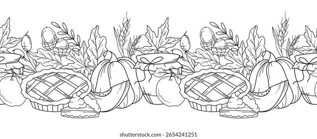 Fall Seamless Design. Horizontal  Fall Background. Autumn Line Art Drawing. Fall Flower Design. Fall Botanical garland seamless. Border Frame