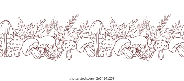 Design perfeito para outono. Plano de Fundo Horizontal de Queda. Desenho de Arte de Linha de outono. Design de flor de outono. Queda Garland botânico sem costura. Quadro de Borda