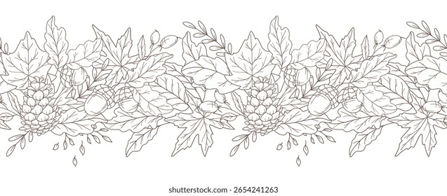 Fall Seamless Design. Horizontal  Fall Background. Autumn Line Art Drawing. Fall Flower Design. Fall Botanical garland seamless. Border Frame