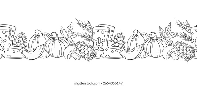 Fall Seamless Design. Horizontal  Fall Background. Autumn Line Art Drawing. Fall Flower Design. Fall Botanical garland seamless. Border Frame