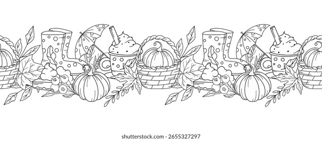 Fall Seamless Design. Horizontal  Fall Background. Autumn Line Art Drawing. Fall Flower Design. Fall Botanical garland seamless. Border Frame