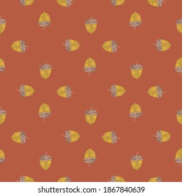 Fall Seamless Doodle Pattern With Hand Drawn Acorn Shapes. Coral Pastel Background. Flat Vector Print For Textile, Fabric, Giftwrap, Wallpapers. Endless Illustration.