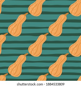 Fall seamless doodle pattern with harvest orange pumpkin silhouettes. Blue striped background. Perfect for fabric design, textile print, wrapping, cover. Vector illustration