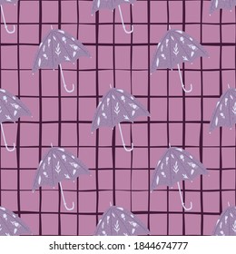 Fall seamless doodle season pattern with umbrella silhouettes. Accessory print in lilac tones with chequered background. Great for fabric design, textile print, wrapping, cover. Vector illustration.