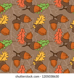 Fall seamless pattern. Acorn and leaf oak background