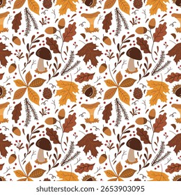 Queda sem emenda padrão. Fundo de outono. Folhas de outono, Cogumelos, Bagas, Bolotas, Castanheiro. Ácer, Carvalho, Folhas De Castanha. Ilustração vetorial em amarelo, marrom, laranja em branco