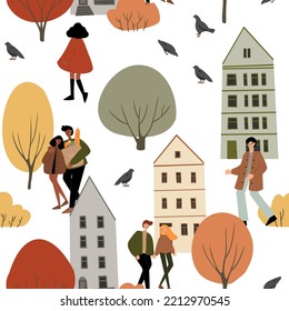 Fall Seamless Pattern, Autumn Endless Background With Cute Houses And Fall Trees, People In Autumn City Digital Paper, Cozy Pattern With Autumn Vibes, Vector Illustration Clipart In Flat Cartoon Style