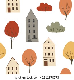 Fall Seamless Pattern, Autumn Endless Background With Cute Houses And Fall Trees, People In Autumn City Digital Paper, Cozy Pattern With Autumn Vibes, Vector Illustration Clipart In Flat Cartoon Style