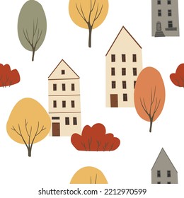 Fall Seamless Pattern, Autumn Endless Background With Cute Houses And Fall Trees, People In Autumn City Digital Paper, Cozy Pattern With Autumn Vibes, Vector Illustration Clipart In Flat Cartoon Style